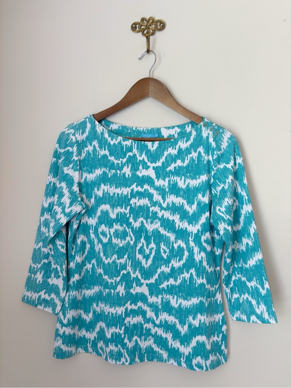 J. McLaughlin Aqua Ikat Print Wavesong Top Medium Coastal Grandma
